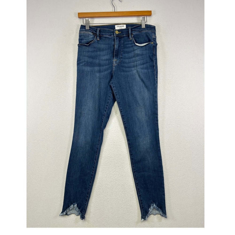 Designer Edgy FRAME Women 27 Blue Le High Skinny Sulham Raw Tulip Hem‎ Jeans